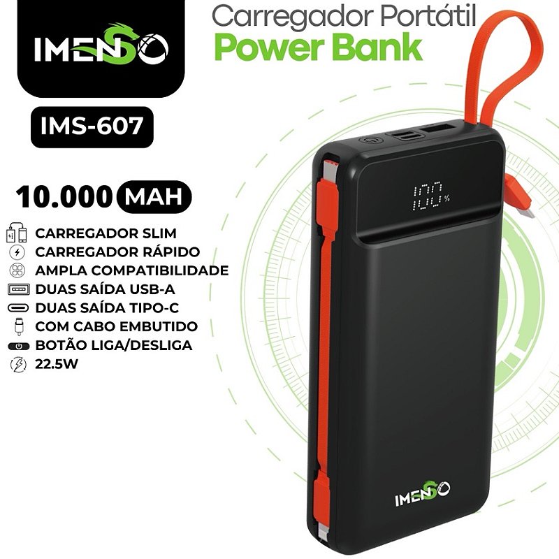 POWER BANK PORTÁTIL CARREGADOR ULTRA RÁPIDO 10000mAh IMS-607