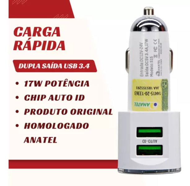 Carregador Celular Veicular Carro Turbo 2 Usb 3.4a Com Cabo