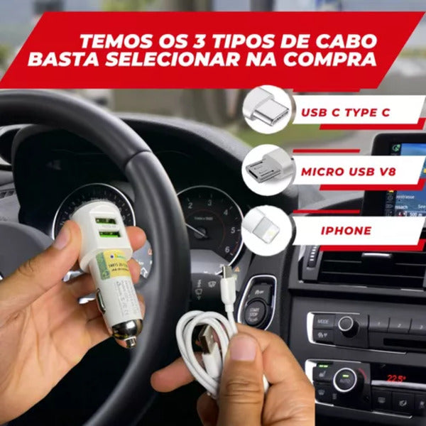 Carregador Celular Veicular Carro Turbo 2 Usb 3.4a Com Cabo