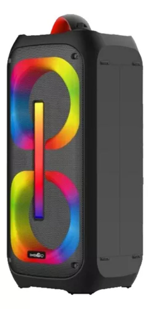 Caixa de Som Bluetooth X46E: Karaokê 50W com luzes RGB e 2 microfones sem fio. Até 6.5h de diversão nas suas festas!