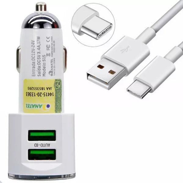 Carregador Celular Veicular Carro Turbo 2 Usb 3.4a Com Cabo