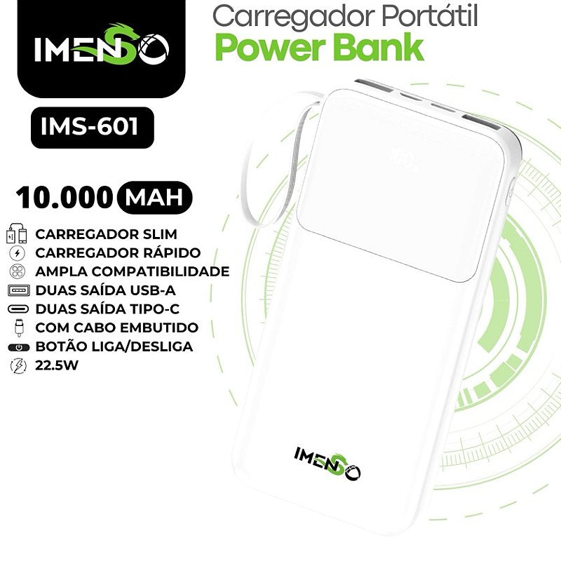 POWER BANK PORTÁTIL CARREGADOR ULTRA RÁPIDO 10000mAh IMS601