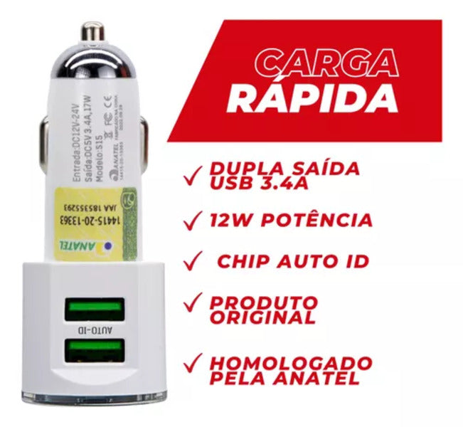 Carregador Celular Veicular Carro Turbo 2 Usb 3.4a Com Cabo