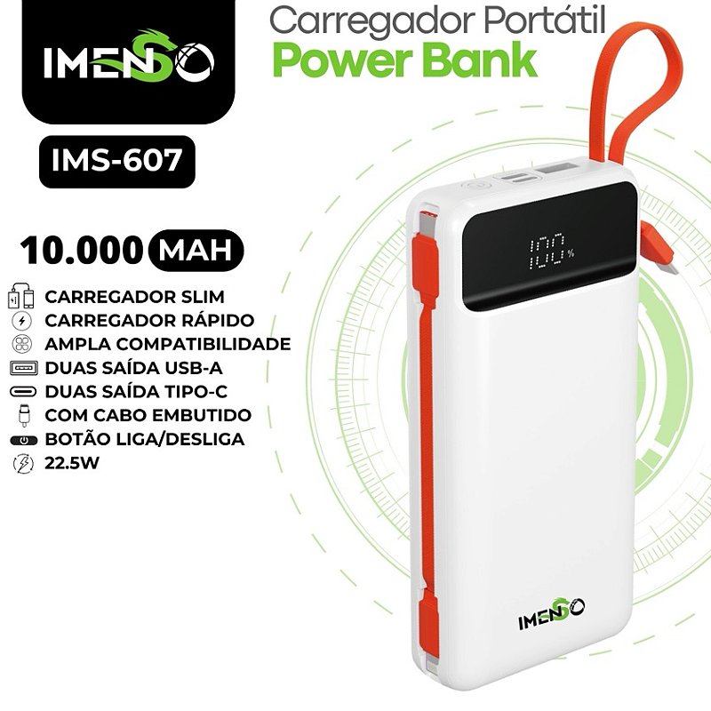 POWER BANK PORTÁTIL CARREGADOR ULTRA RÁPIDO 10000mAh IMS-607