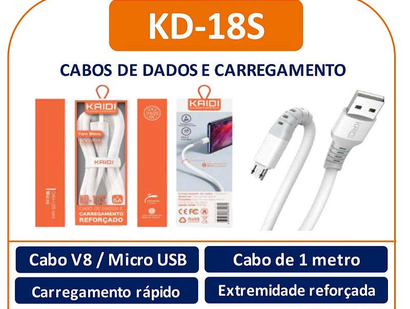 Cabo de Dados Kaidi V8 KD - 18S - Reforçado - 1 Metro