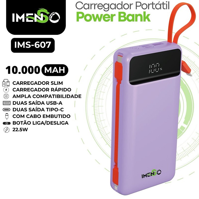 POWER BANK PORTÁTIL CARREGADOR ULTRA RÁPIDO 10000mAh IMS-607