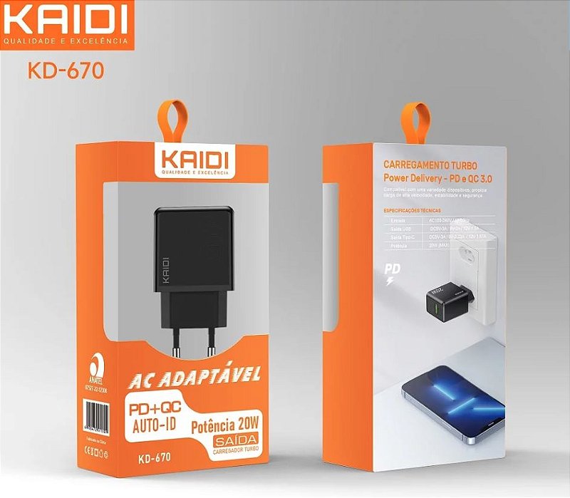 Carregador Turbo 20W Potência PD (Tipo-C) e USB KAIDI KD-670 sem cabo