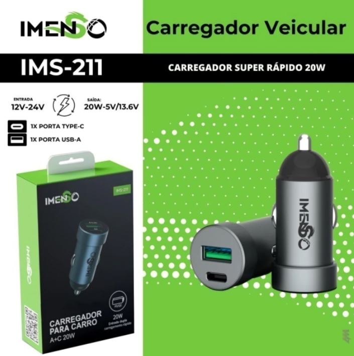 Carregador Veicular SUPER RÁPIDO 53W 1X PORTA TYPE-C 1X PORTA USB-A IMS-215