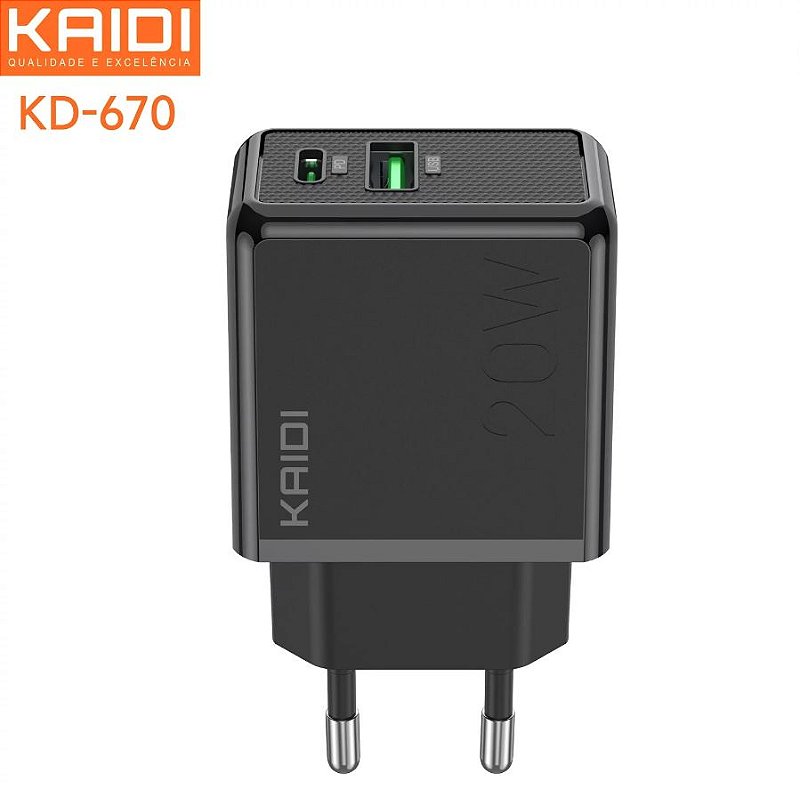 Carregador Turbo 20W Potência PD (Tipo-C) e USB KAIDI KD-670 sem cabo