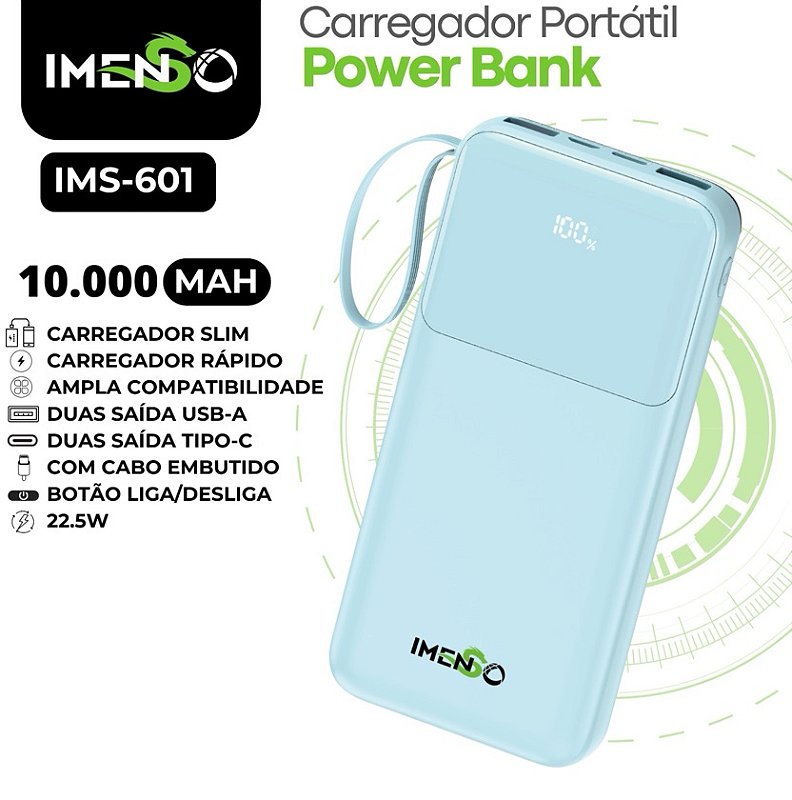 POWER BANK PORTÁTIL CARREGADOR ULTRA RÁPIDO 10000mAh IMS601