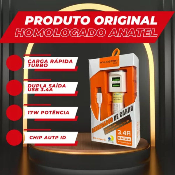 Carregador Celular Veicular Carro Turbo 2 Usb 3.4a Com Cabo