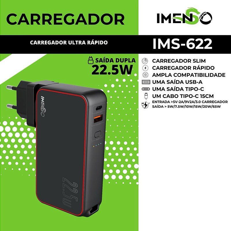 IMENSO CARREGADOR ULTRA RÁPIDO SAÍDA DUPLA 22.5W  IMS-622