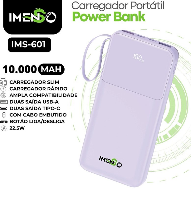 POWER BANK PORTÁTIL CARREGADOR ULTRA RÁPIDO 10000mAh IMS601