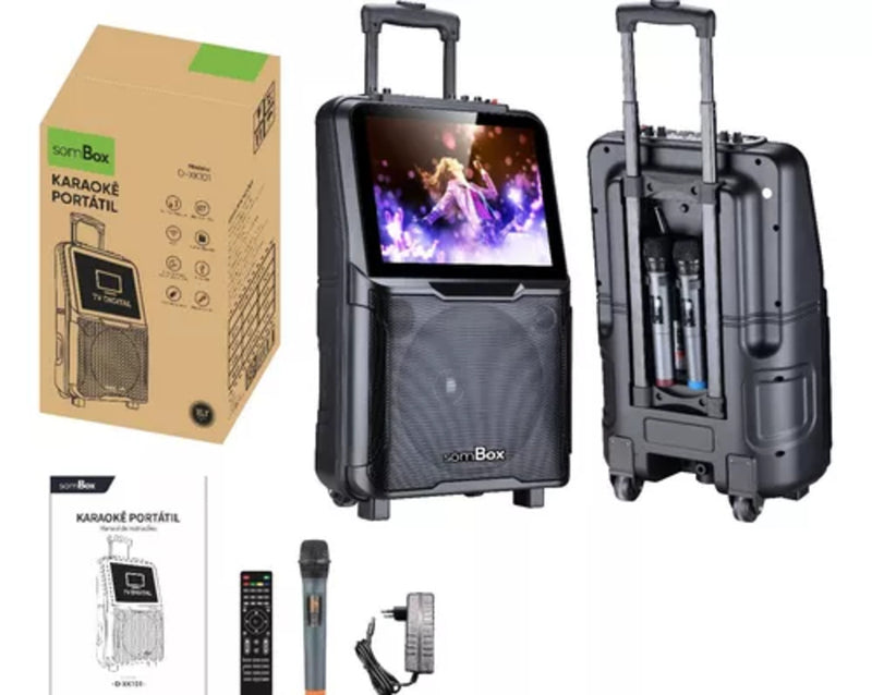 Caixa De Som Bluetooth 2 Microfone Tela Karaoke Tv Portatil