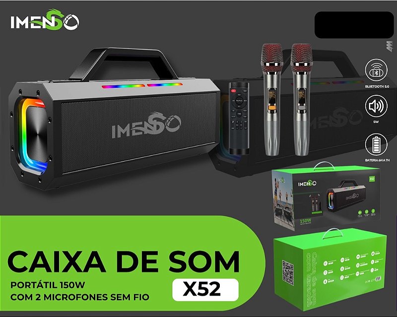 IMENSO CAIXA DE SOM PORTÁTIL 150W X52 COM 2 MICROFONES SEM FIO